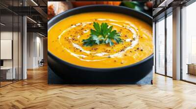 comforting creamy pumpkin soup with a sprinkle of parsley and bread on the side, a delicious homemade autumn meal, perfect for lunch or dinner, healthy seasonal dish full of warmth and flavor Wall mural