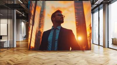 confident business leader standing in a modern city street with skyscrapers at sunset, envisioning future success and dreaming of new financial opportunities in the investment world Wall mural