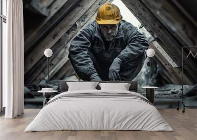 construction worker maintaining a roof with safety gear and tools showcasing the manual labor and precision needed in outdoor building projects and repairs at heights Wall mural