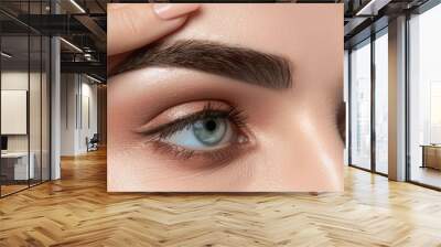 detailed closeup of a girl model with exquisite eye makeup and groomed eyebrows, showing the process of lifting the eye skin with a finger for a glamorous look Wall mural