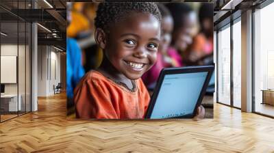 detailed image of children studying with laptops and tablets highlighting their engagement in digital learning and the use of technology in education Wall mural