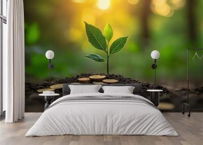 green plant sprouting from a pile of coins illustrating financial growth, wealth management, and the relationship between nature and sustainable economic prosperity Wall mural