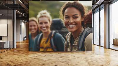 group of diverse female hikers enjoying a joyful outdoor adventure showcasing friendship and happiness while exploring nature together Wall mural