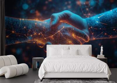 handshake with digital network overlay representing professional collaboration business connectivity and technological innovation in an abstract background highlighting partnership and global success Wall mural