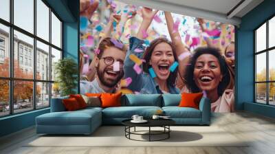 happy diverse employees team celebrates success in corporate event with confetti and excitement Wall mural