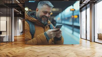 happy man browsing on his smartphone while waiting at a train station, digital lifestyle and connectivity during commute, modern traveler enjoying the journey and transportation Wall mural