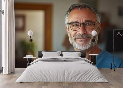 middle-aged man with eyeglasses smiling in a casual shirt at home representing warmth and comfort in a relaxed portrait of everyday home life Wall mural