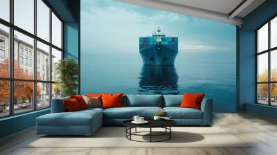 navigating through international waters a blue container ship front view reveals maritime transport Wall mural