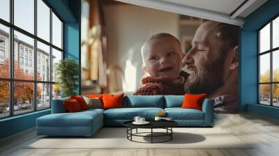 portrait of smiling dad with adorable baby capturing tender moments at home Wall mural