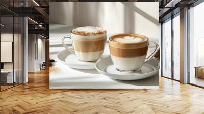 two coffees including black and latte on white table, elevating the senses with rich aromas and creamy textures Wall mural