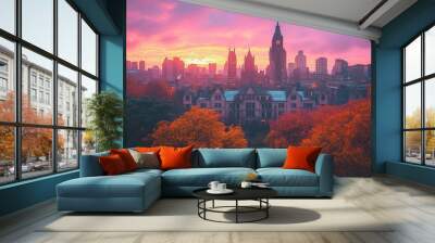 urban cityscape with a beautiful skyline, combining modern and classic architectural styles to create a unique and scenic view of the city's horizon Wall mural