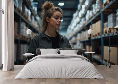 woman in warehouse with a tablet, overseeing logistics technology and management tools, emphasizing connectivity and data tracking in a distribution center
modern warehouse operations depicted with a  Wall mural