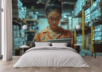 woman with tablet in an industrial warehouse, using mobile technology to enhance logistics operations and system management, showcasing professional diligence Wall mural