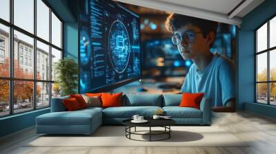 young school student working with AI artificial intelligence and machine learning technology in an interactive classroom focused on smart tech innovation and future-ready digital education Wall mural