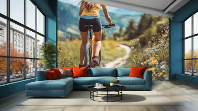 young woman enjoying a mountain biking adventure, riding a sports bicycle along a scenic mountain trail, outdoor activity and fitness, athletic cyclist embracing nature with speed and energy Wall mural