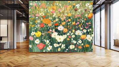 Summer Meadow Impressionism: A vibrant explosion of wildflowers in a lush green meadow, painted in a style reminiscent of Impressionism. The artwork captures the beauty and tranquility of nature.  Wall mural