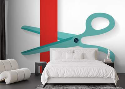 Flat design icon scissors cutting red vertical ribbon. Wall mural