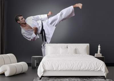 Handsome young black belt male karate doing kick on the gray background Wall mural