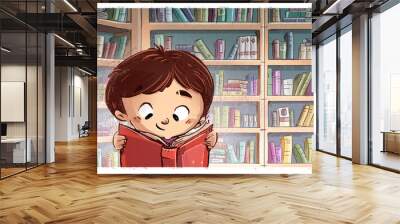 Boy reading a book in the library Wall mural