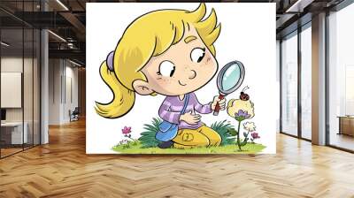 Illustration of a girl exploring with magnifying glass in nature Wall mural