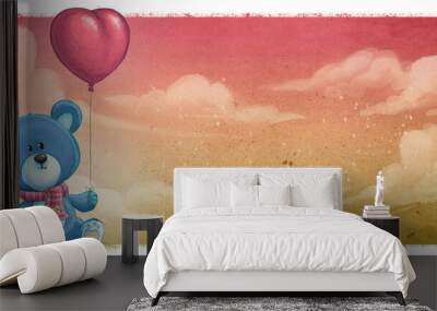 Illustration of blue bear with heart balloon in the sky Wall mural