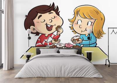 Illustration of children eating sweets at the table Wall mural