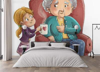 Illustration of granddaughter taking care of her grandmother Wall mural