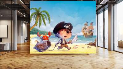 illustration of pirate boy on the beach Wall mural