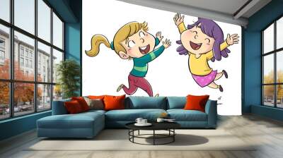 Illustration of two little girls jumping for joy Wall mural