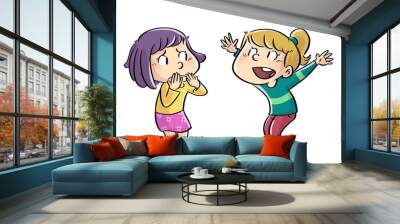 illustration of two little girls talking worried Wall mural