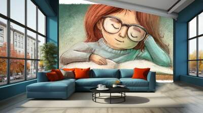 Kid with glasses reading a book Wall mural