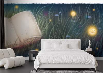 Open book at night with fireflies Wall mural