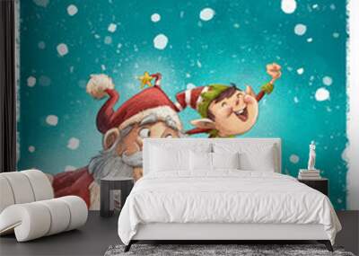 Santa Claus and elf with snowing background Wall mural