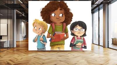 Student children of different ethnicities with book Wall mural