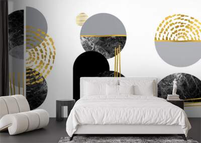 Abstract minimalist wall art in white, gray, black, gold colors. Simple line style. Golden geometric shapes, circles, Modern creative marble pattern. Wall mural