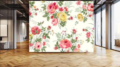 seamless floral pattern with rose bouquet on white background Wall mural