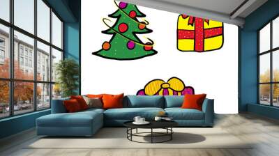 Set of vector colorful cartoon Christmas tree and gifts. Decorated fir tree and two box of presents for the New Year party. Flat style isolated holiday collection  Wall mural