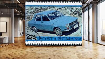 stamp printed in Romania, shows retro car Wall mural