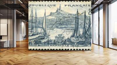 stamp printed in the France shows Port Marseilles Wall mural