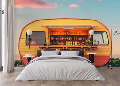 a bright orange and pink food truck with a bar and a counter. the truck is parked on a road with a v Wall mural