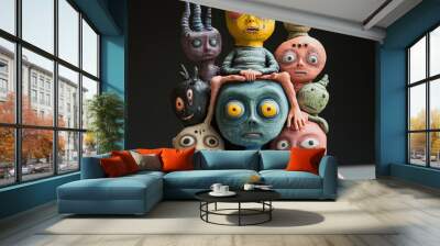 A group of strange looking creatures are sitting on top of each other. The creatures are all different colors and sizes, and they all have strange faces. The scene is unsettling and eerie Wall mural