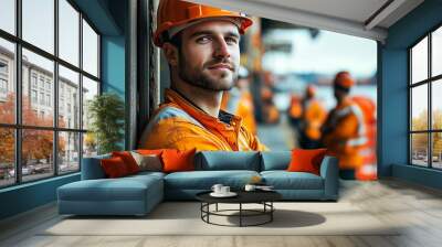 A man in an orange safety vest is posing for a picture. He is wearing a hard hat and is smiling Wall mural