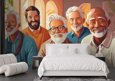 Illustration of a multi-cultural group of friendly men in their 50s smiling at the camera and holding a book Wall mural