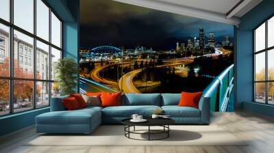 Night city view of Seattle city scape at night time,Long Exposure picture of Downtown Seattle,WA,  USA Wall mural