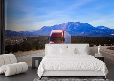 Road trip and snow mountains,  Semi truck Highway in Utah, USA Wall mural