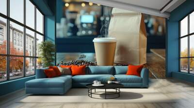 Steaming coffee cup and a brown paper bag on a wooden table with scattered coffee beans, representing a fresh brew experience. Perfect for content related to coffee shops or takeout beverages. Wall mural