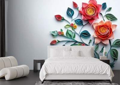 Isolated Roses on Blank White Simple Paper Quilling Theme Generative Illustration Wall mural