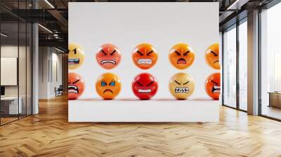 Set of Yellow Angry Unhappy Smiley Faces Emoji Emoticons Generative Illustration on Blank White Wall mural