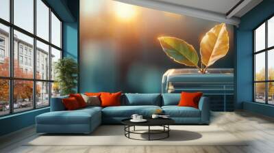 Close-up of two sunlit leaves growing beside an air conditioner unit with warm sunlight illuminating the scene in a modern indoor environment. Wall mural