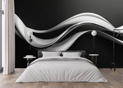 Elegant black and white abstract wave design with glossy curves and fluid lines, set against a dark background for a modern aesthetic. Wall mural